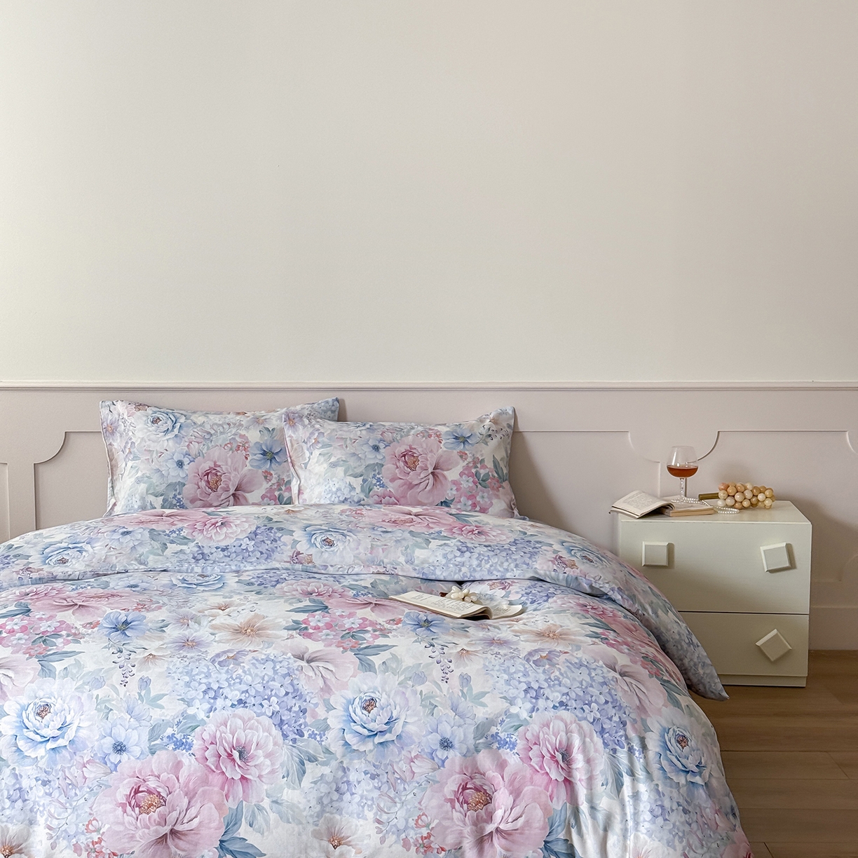 91家纺网 家纺一手货源 找家纺 窝米 2025新品全棉双层纱法式风花卉四件套系列（蔷薇绿 月丹） 不晚花