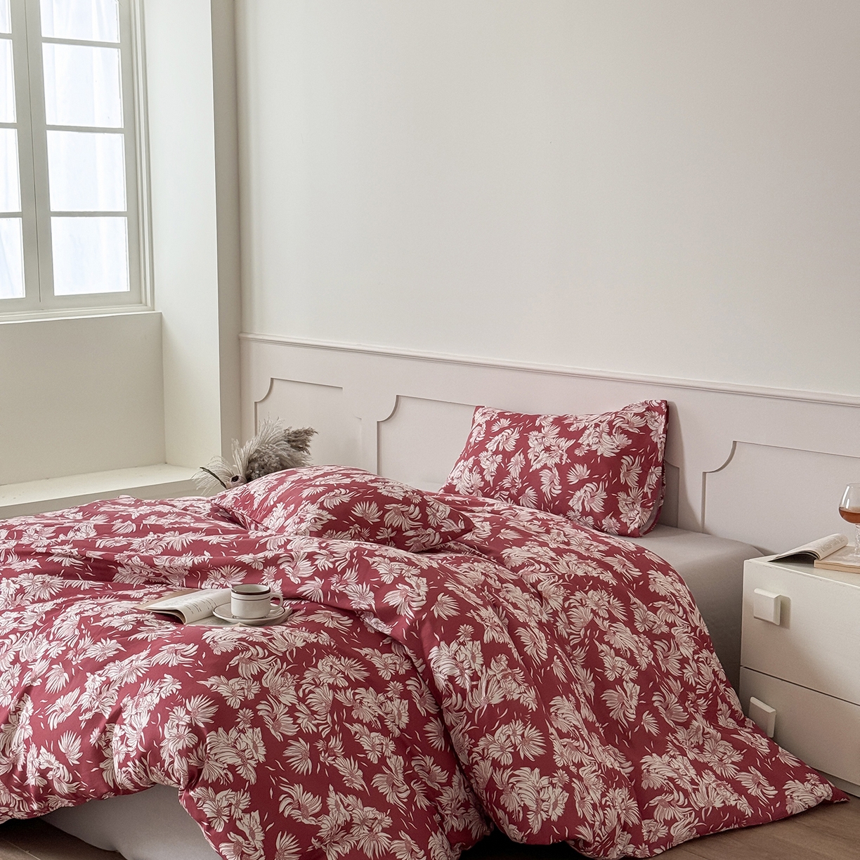 91家纺网 家纺一手货源 找家纺 窝米 2025新品全棉双层纱法式风花卉四件套系列（蔷薇绿 月丹） 红笺花影