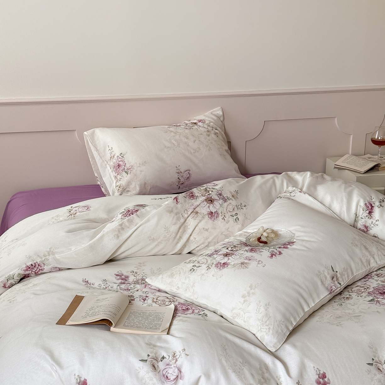 91家纺网 家纺一手货源 找家纺 窝米 2025新品全棉双层纱法式风花卉四件套系列（蔷薇绿 月丹） 梦澜