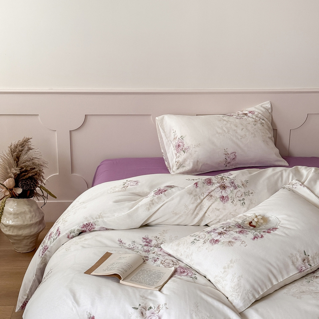 91家纺网 家纺一手货源 找家纺 窝米 2025新品全棉双层纱法式风花卉四件套系列（蔷薇绿 月丹） 梦澜