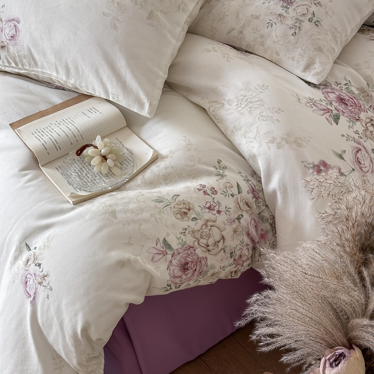 91家纺网 家纺一手货源 找家纺 窝米 2025新品全棉双层纱法式风花卉四件套系列（蔷薇绿 月丹） 梦澜