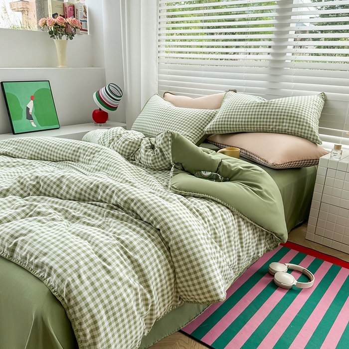 91家纺网 家纺一手货源 找家纺 十一家居 2025春夏新款ins风A类亲肤水洗棉贝壳绣格子四件套——暮光系列 草绿小格