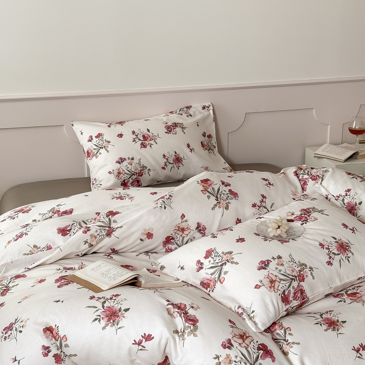 91家纺网 家纺一手货源 找家纺 窝米 2025新品全棉双层纱法式风花卉四件套系列（蔷薇绿 月丹） 墨瑜