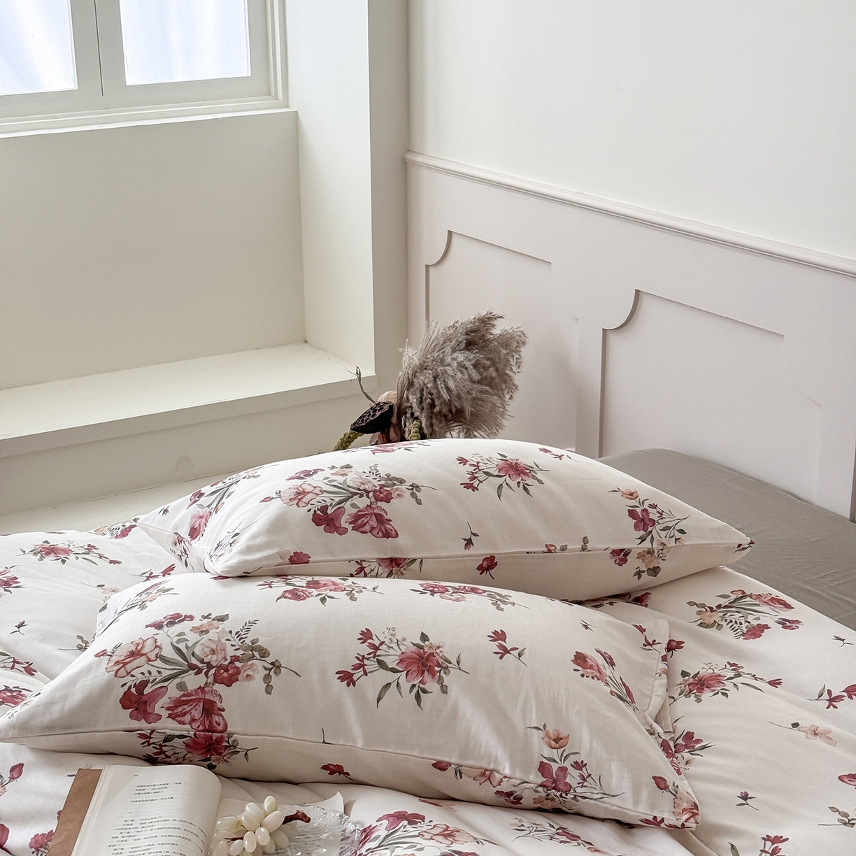 91家纺网 家纺一手货源 找家纺 窝米 2025新品全棉双层纱法式风花卉四件套系列（蔷薇绿 月丹） 墨瑜