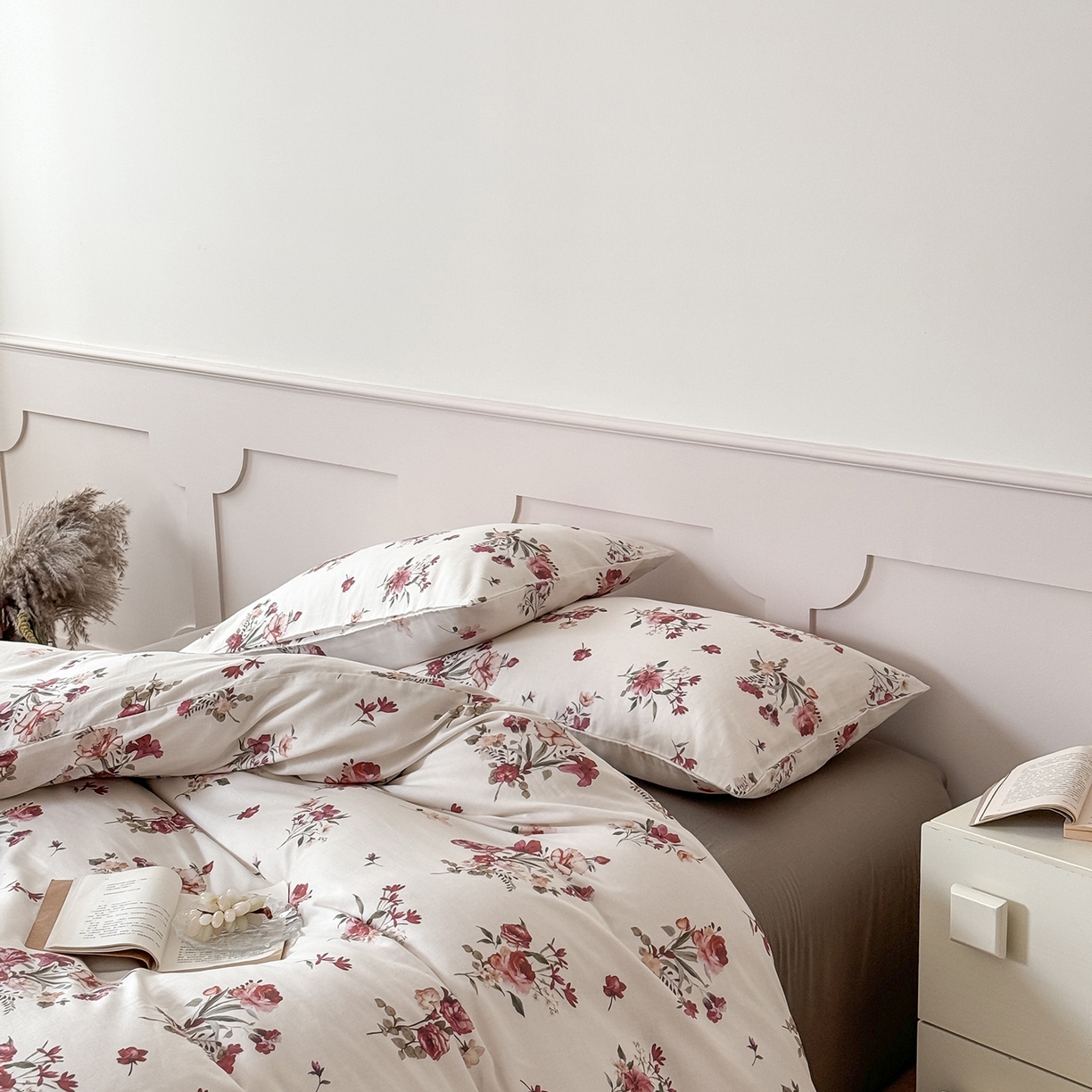 91家纺网 家纺一手货源 找家纺 窝米 2025新品全棉双层纱法式风花卉四件套系列（蔷薇绿 月丹） 墨瑜