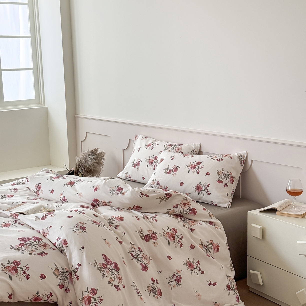 91家纺网 家纺一手货源 找家纺 窝米 2025新品全棉双层纱法式风花卉四件套系列（蔷薇绿 月丹） 墨瑜