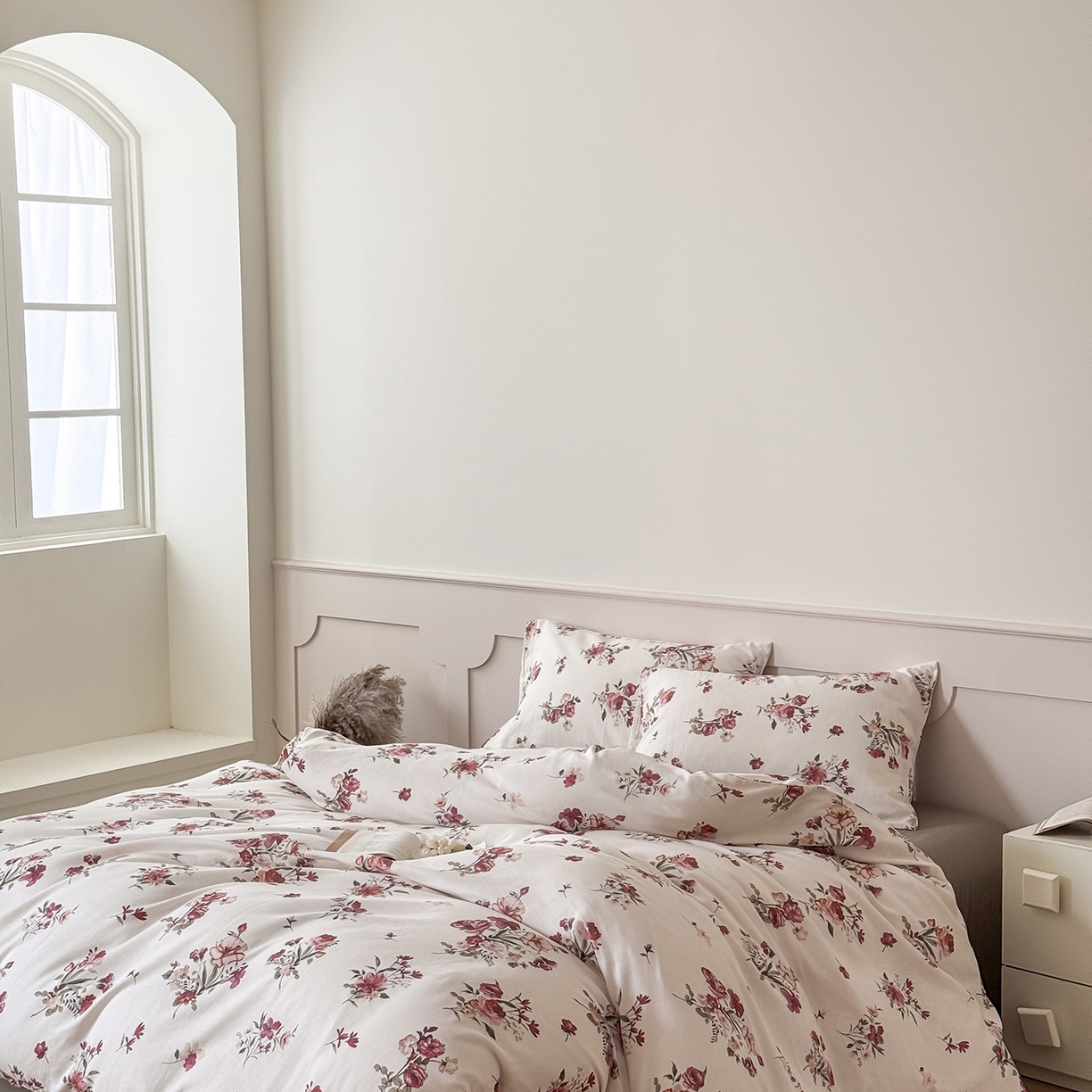 91家纺网 家纺一手货源 找家纺 窝米 2025新品全棉双层纱法式风花卉四件套系列（蔷薇绿 月丹） 墨瑜