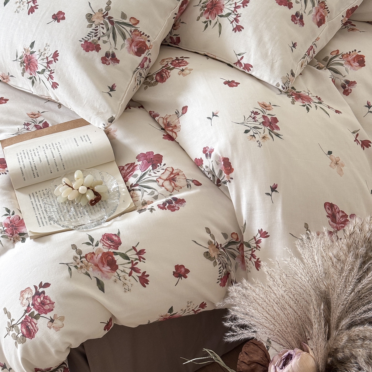 91家纺网 家纺一手货源 找家纺 窝米 2025新品全棉双层纱法式风花卉四件套系列（蔷薇绿 月丹） 墨瑜