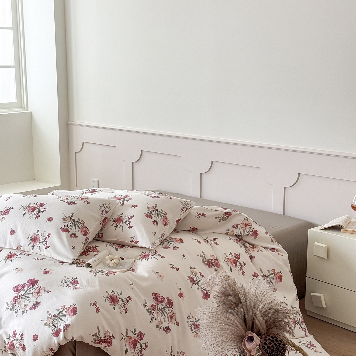 91家纺网 家纺一手货源 找家纺 窝米 2025新品全棉双层纱法式风花卉四件套系列（蔷薇绿 月丹） 墨瑜