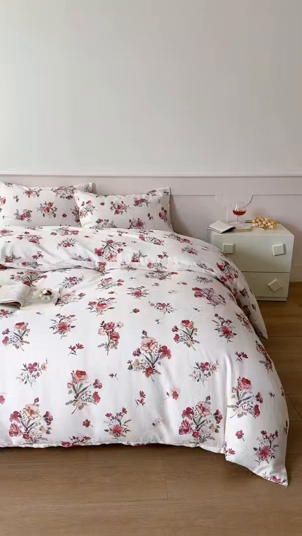 91家纺网 家纺一手货源 找家纺 窝米 2025新品全棉双层纱法式风花卉四件套系列（蔷薇绿 月丹） 墨瑜