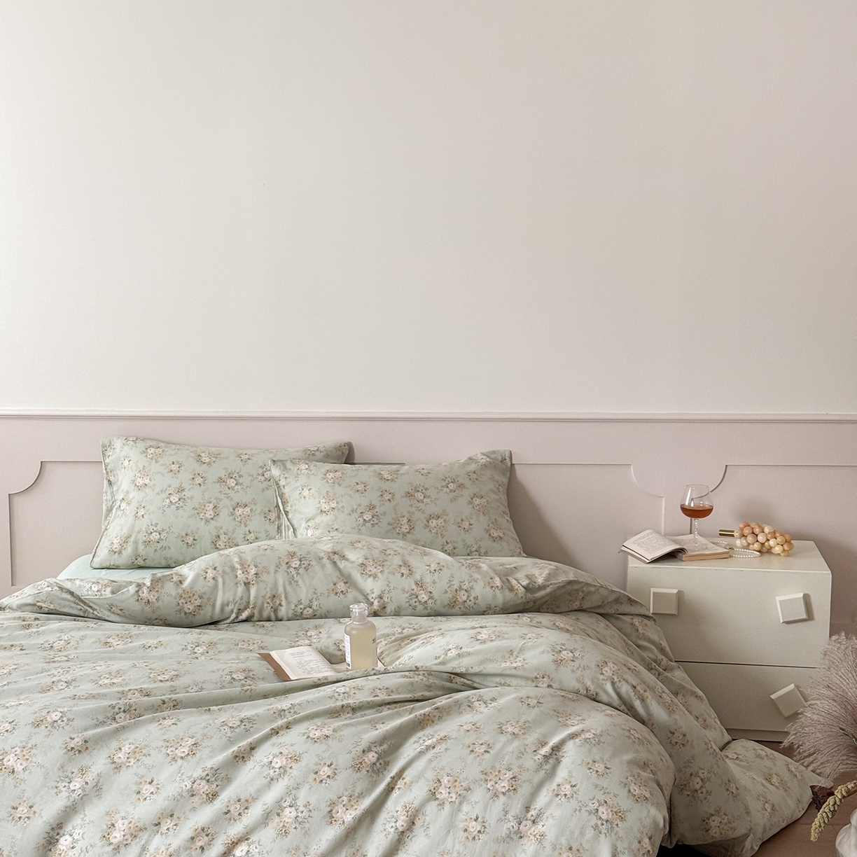 91家纺网 家纺一手货源 找家纺 窝米 2025新品全棉双层纱法式风花卉四件套系列（蔷薇绿 月丹） 蔷薇绿