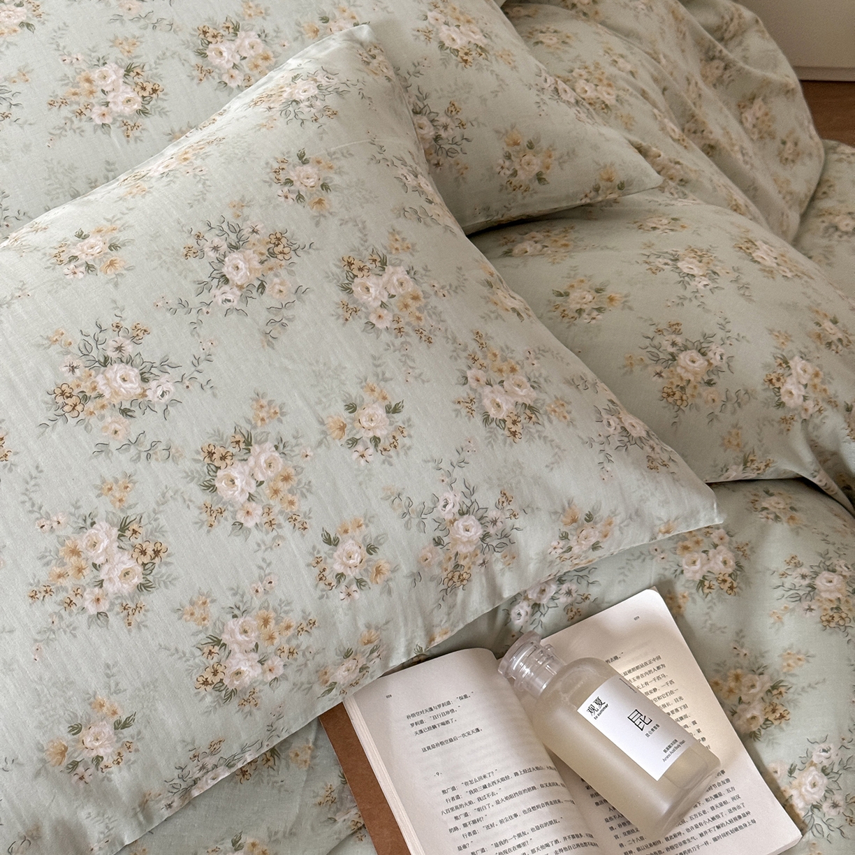 91家纺网 家纺一手货源 找家纺 窝米 2025新品全棉双层纱法式风花卉四件套系列（蔷薇绿 月丹） 蔷薇绿