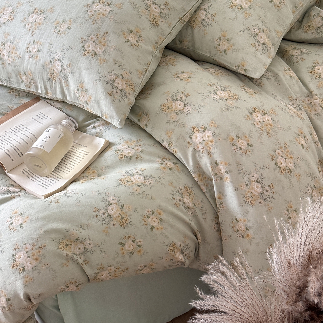 91家纺网 家纺一手货源 找家纺 窝米 2025新品全棉双层纱法式风花卉四件套系列（蔷薇绿 月丹） 蔷薇绿