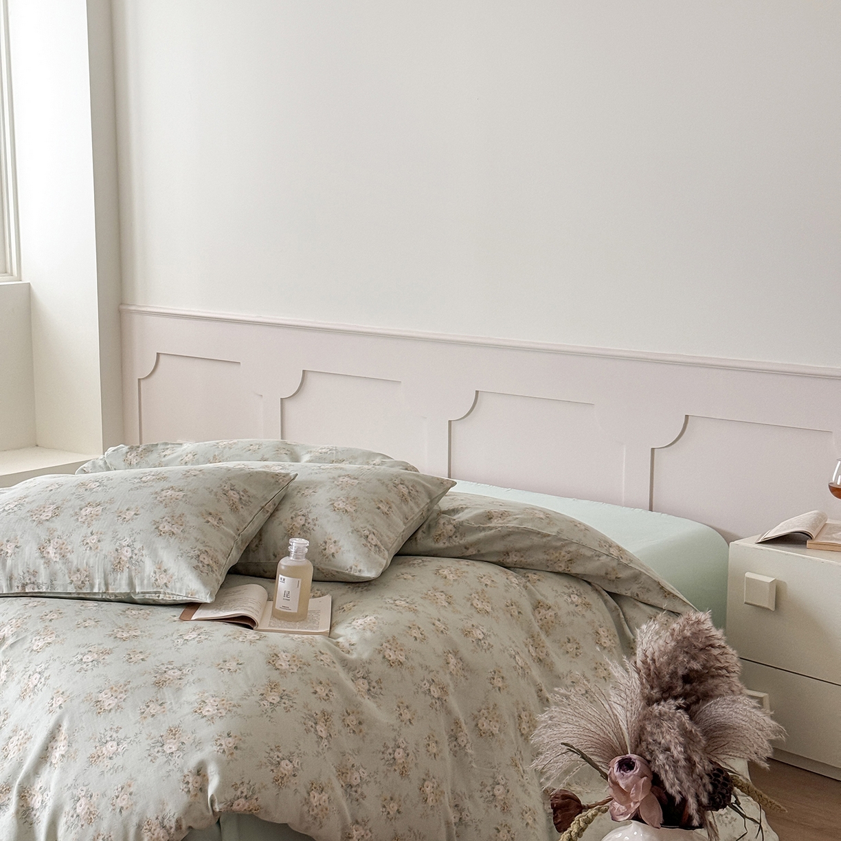 91家纺网 家纺一手货源 找家纺 窝米 2025新品全棉双层纱法式风花卉四件套系列（蔷薇绿 月丹） 蔷薇绿