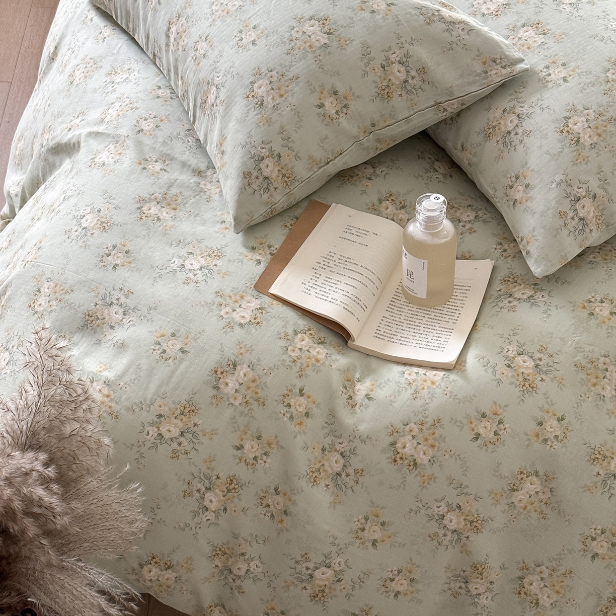 91家纺网 家纺一手货源 找家纺 窝米 2025新品全棉双层纱法式风花卉四件套系列（蔷薇绿 月丹） 蔷薇绿