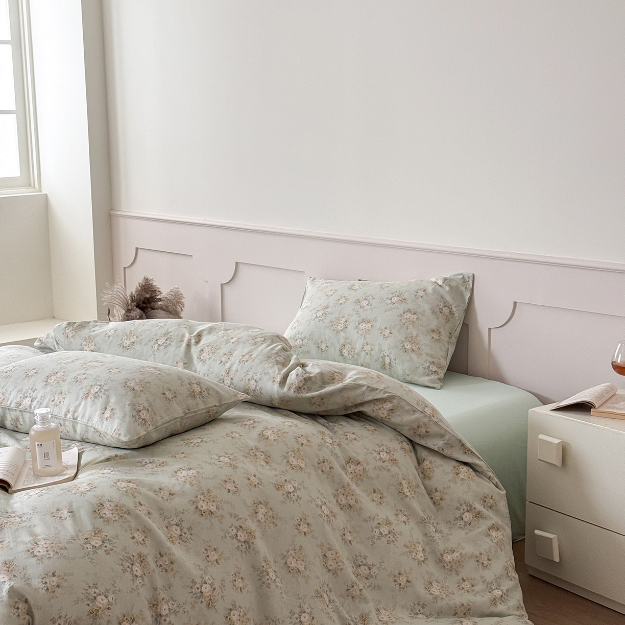 91家纺网 家纺一手货源 找家纺 窝米 2025新品全棉双层纱法式风花卉四件套系列（蔷薇绿 月丹） 蔷薇绿