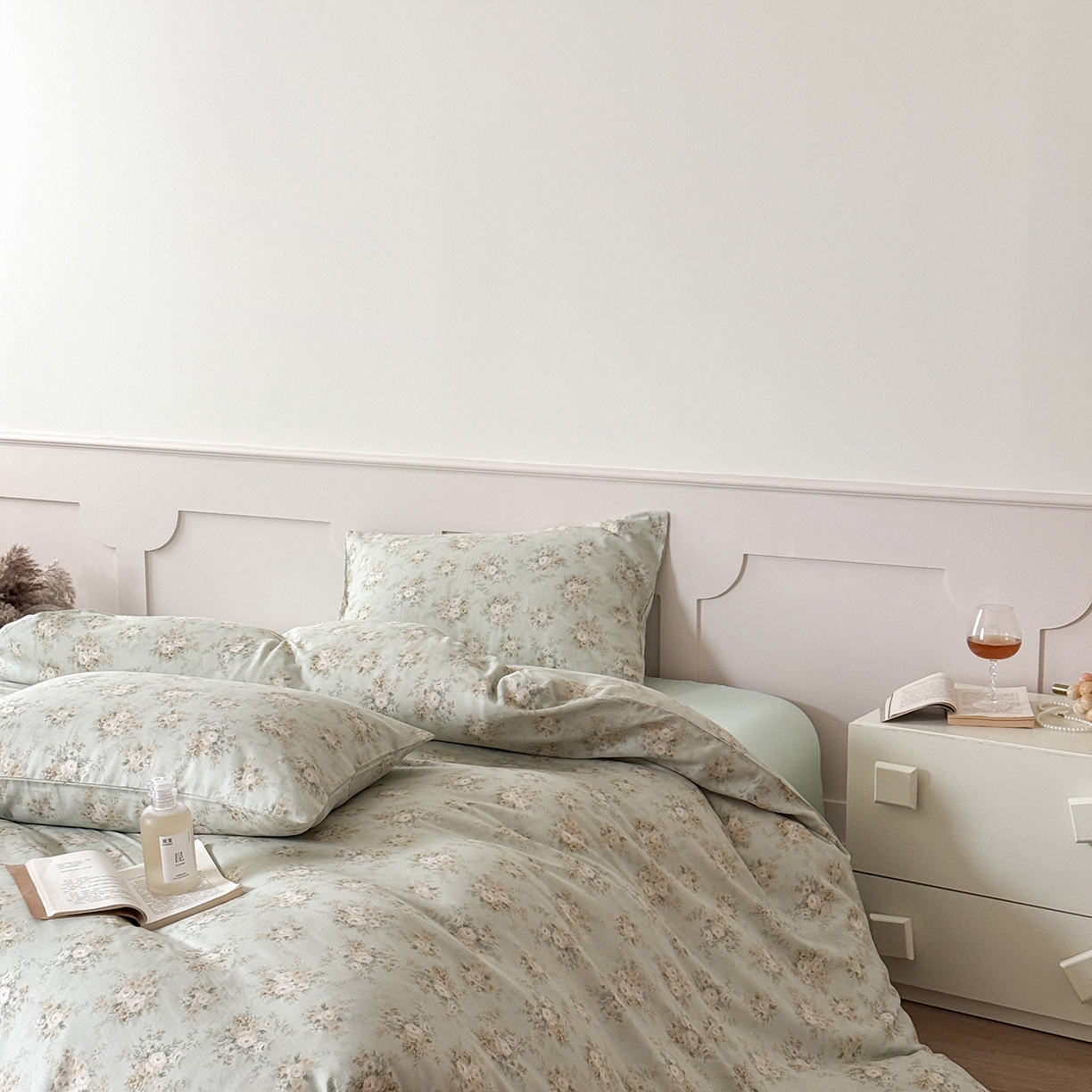 91家纺网 家纺一手货源 找家纺 窝米 2025新品全棉双层纱法式风花卉四件套系列（蔷薇绿 月丹） 蔷薇绿