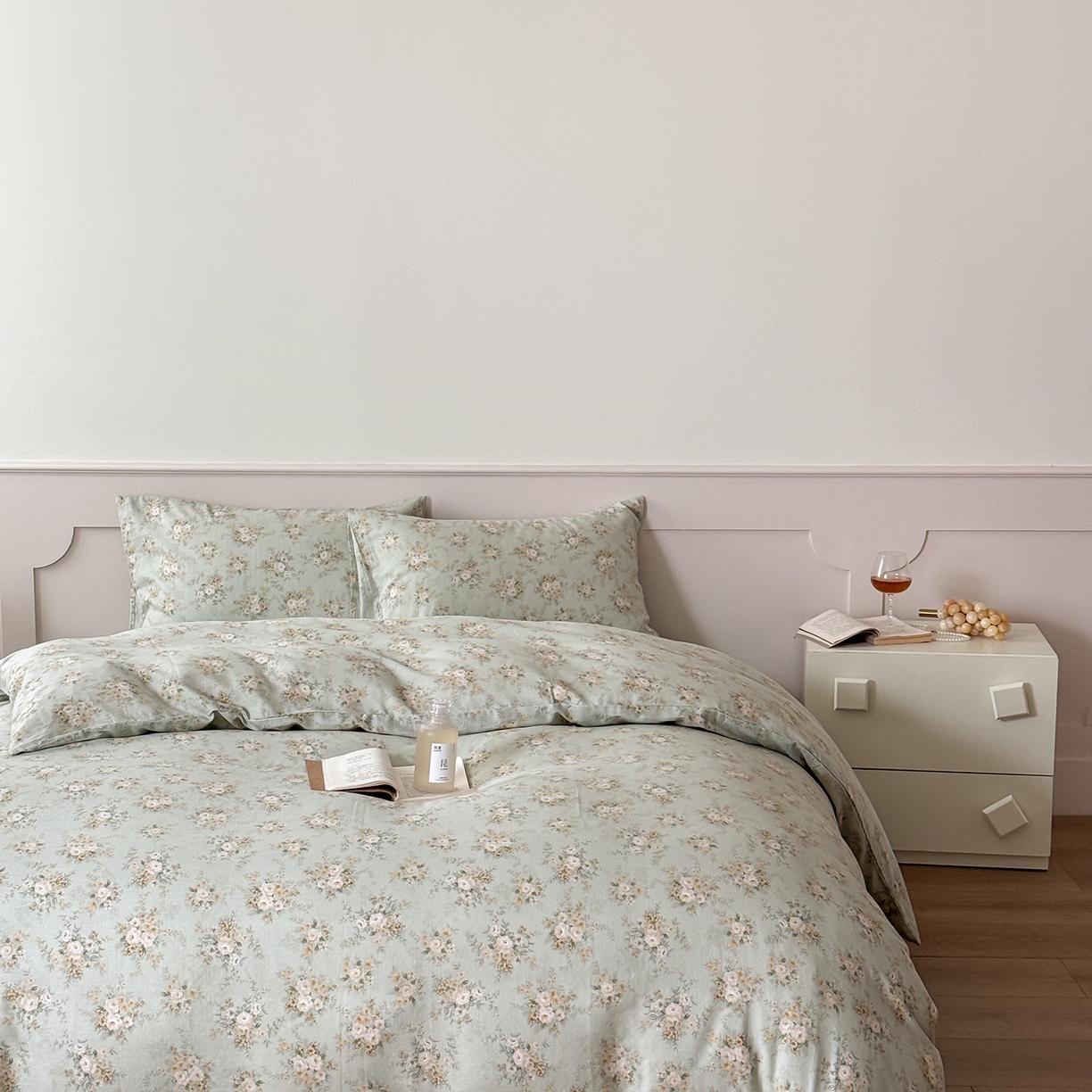 91家纺网 家纺一手货源 找家纺 窝米 2025新品全棉双层纱法式风花卉四件套系列（蔷薇绿 月丹） 蔷薇绿