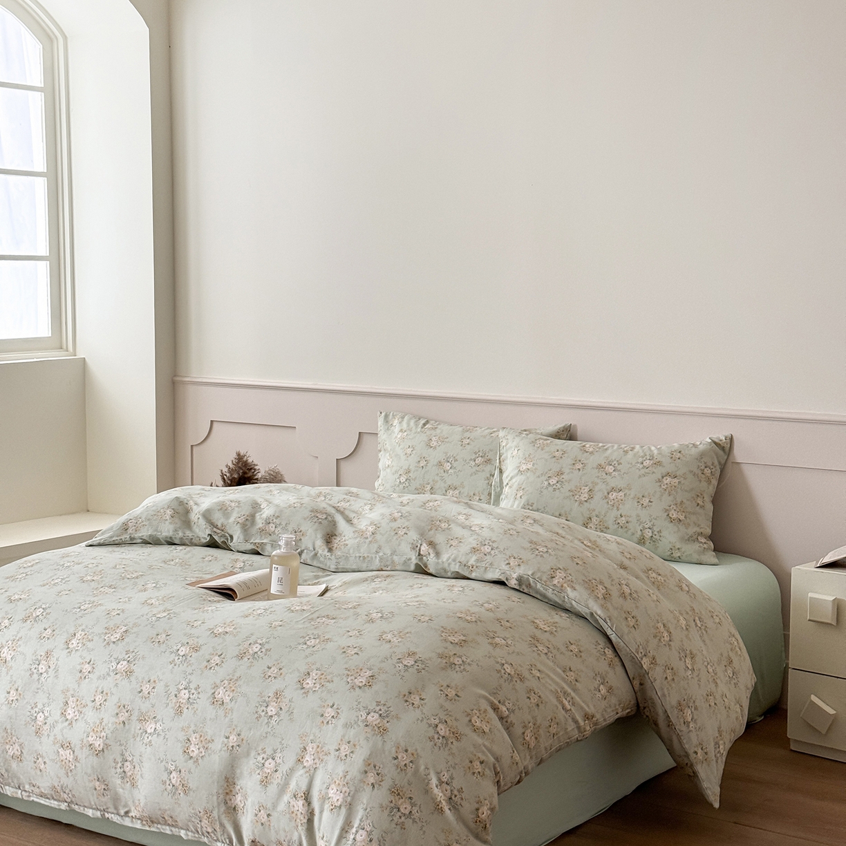 91家纺网 家纺一手货源 找家纺 窝米 2025新品全棉双层纱法式风花卉四件套系列（蔷薇绿 月丹） 蔷薇绿