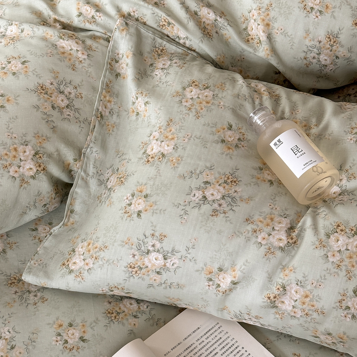 91家纺网 家纺一手货源 找家纺 窝米 2025新品全棉双层纱法式风花卉四件套系列（蔷薇绿 月丹） 蔷薇绿