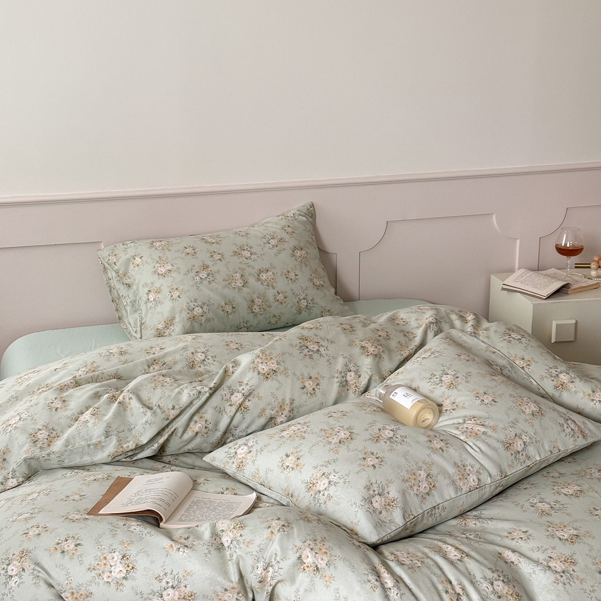 91家纺网 家纺一手货源 找家纺 窝米 2025新品全棉双层纱法式风花卉四件套系列（蔷薇绿 月丹） 蔷薇绿