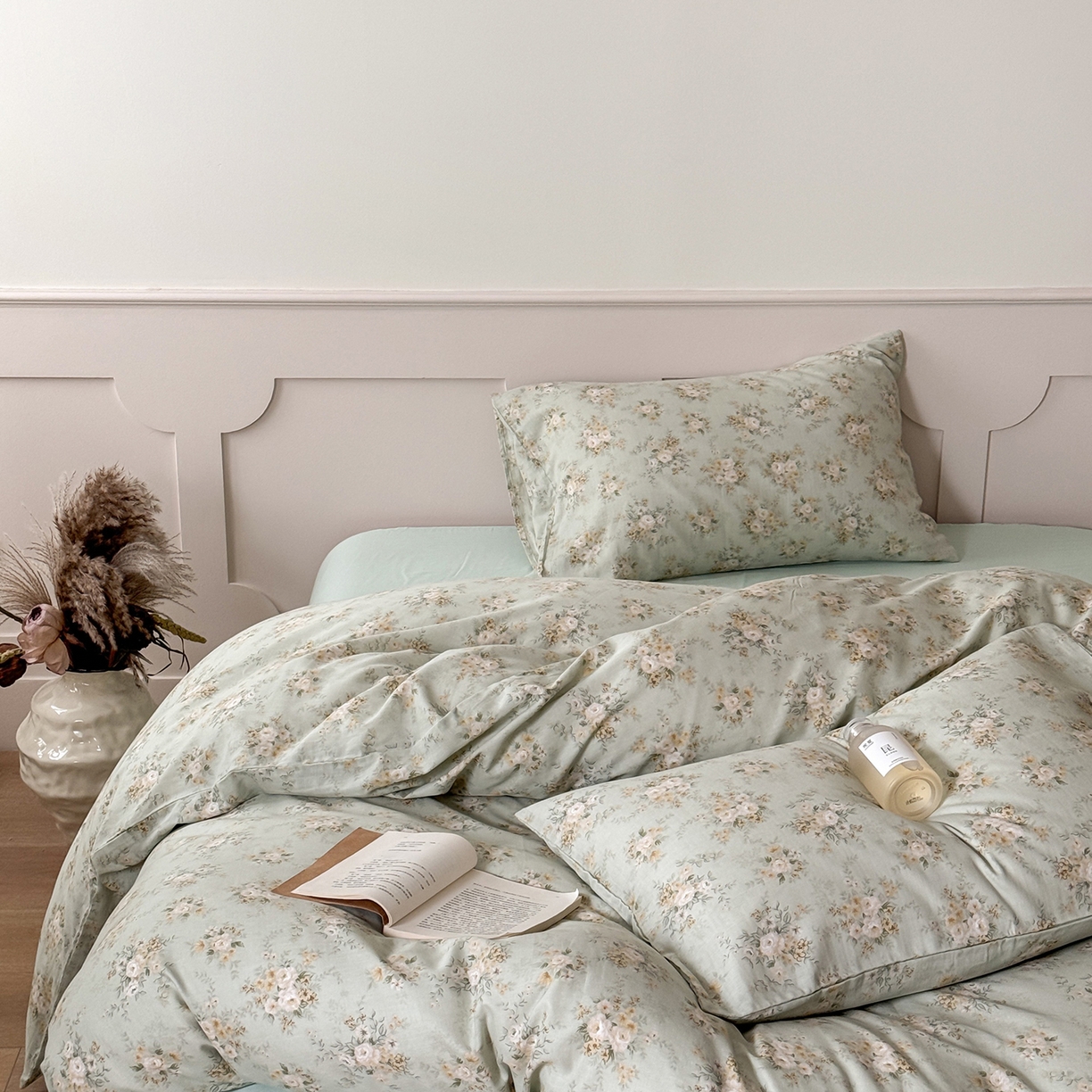 91家纺网 家纺一手货源 找家纺 窝米 2025新品全棉双层纱法式风花卉四件套系列（蔷薇绿 月丹） 蔷薇绿