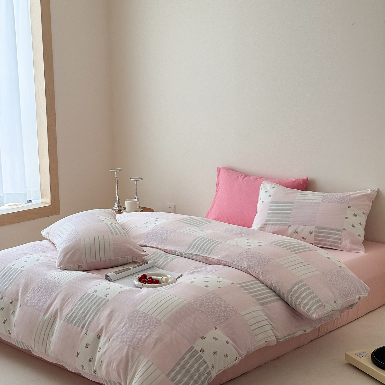 91家纺网 家纺一手货源 找家纺 窝米 2025新品全棉双层纱法式风花卉四件套系列（蔷薇绿 月丹） 少女心事