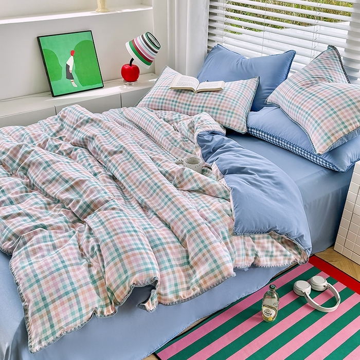 91家纺网 家纺一手货源 找家纺 十一家居 2025春夏新款ins风A类亲肤水洗棉贝壳绣格子四件套——暮光系列 奶油小格