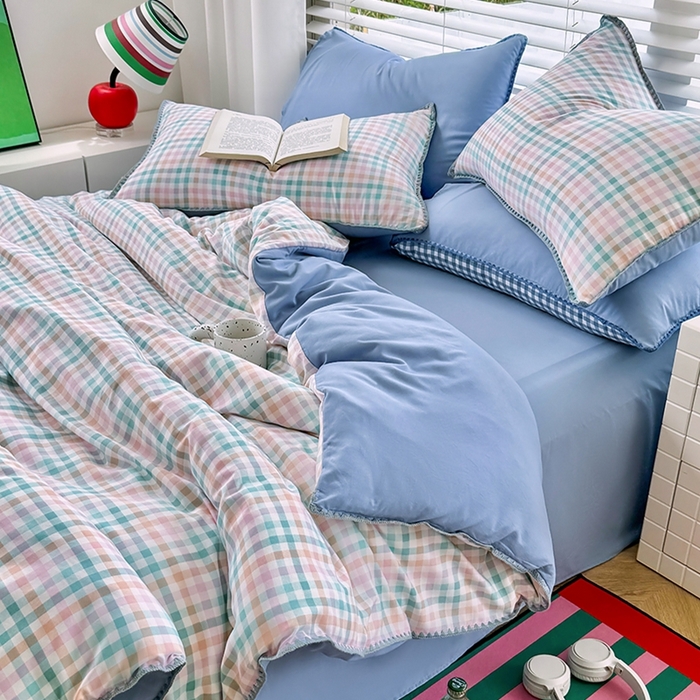 91家纺网 家纺一手货源 找家纺 十一家居 2025春夏新款ins风A类亲肤水洗棉贝壳绣格子四件套——暮光系列 奶油小格