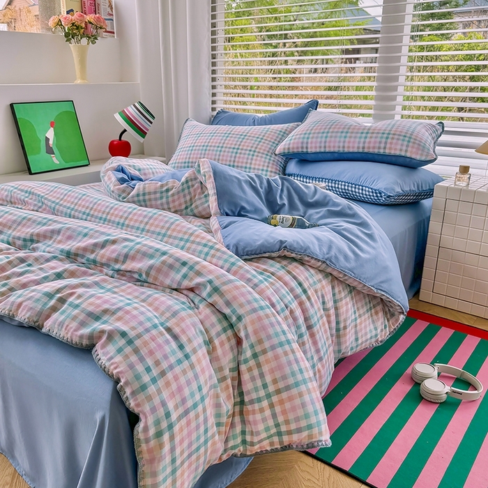 91家纺网 家纺一手货源 找家纺 十一家居 2025春夏新款ins风A类亲肤水洗棉贝壳绣格子四件套——暮光系列 奶油小格