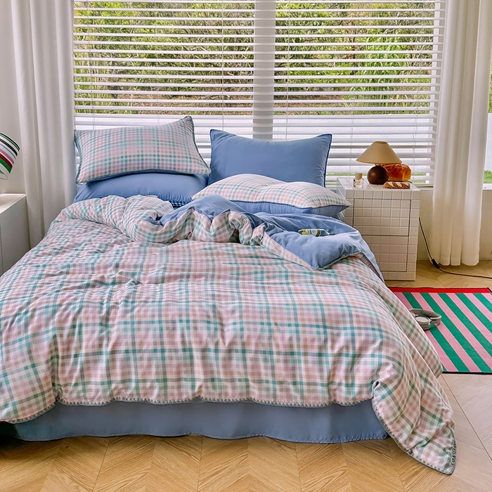 91家纺网 家纺一手货源 找家纺 十一家居 2025春夏新款ins风A类亲肤水洗棉贝壳绣格子四件套——暮光系列 奶油小格