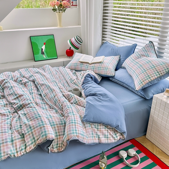 91家纺网 家纺一手货源 找家纺 十一家居 2025春夏新款ins风A类亲肤水洗棉贝壳绣格子四件套——暮光系列 奶油小格