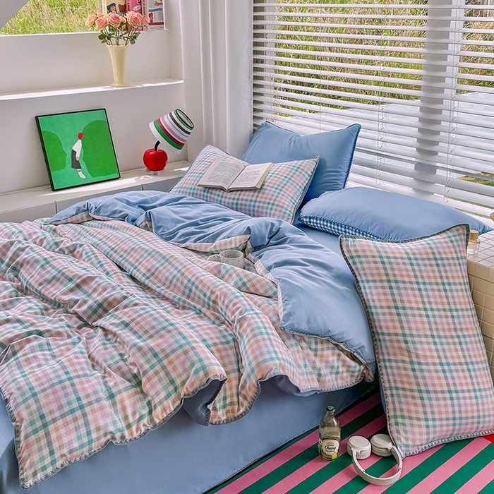 91家纺网 家纺一手货源 找家纺 十一家居 2025春夏新款ins风A类亲肤水洗棉贝壳绣格子四件套——暮光系列 奶油小格