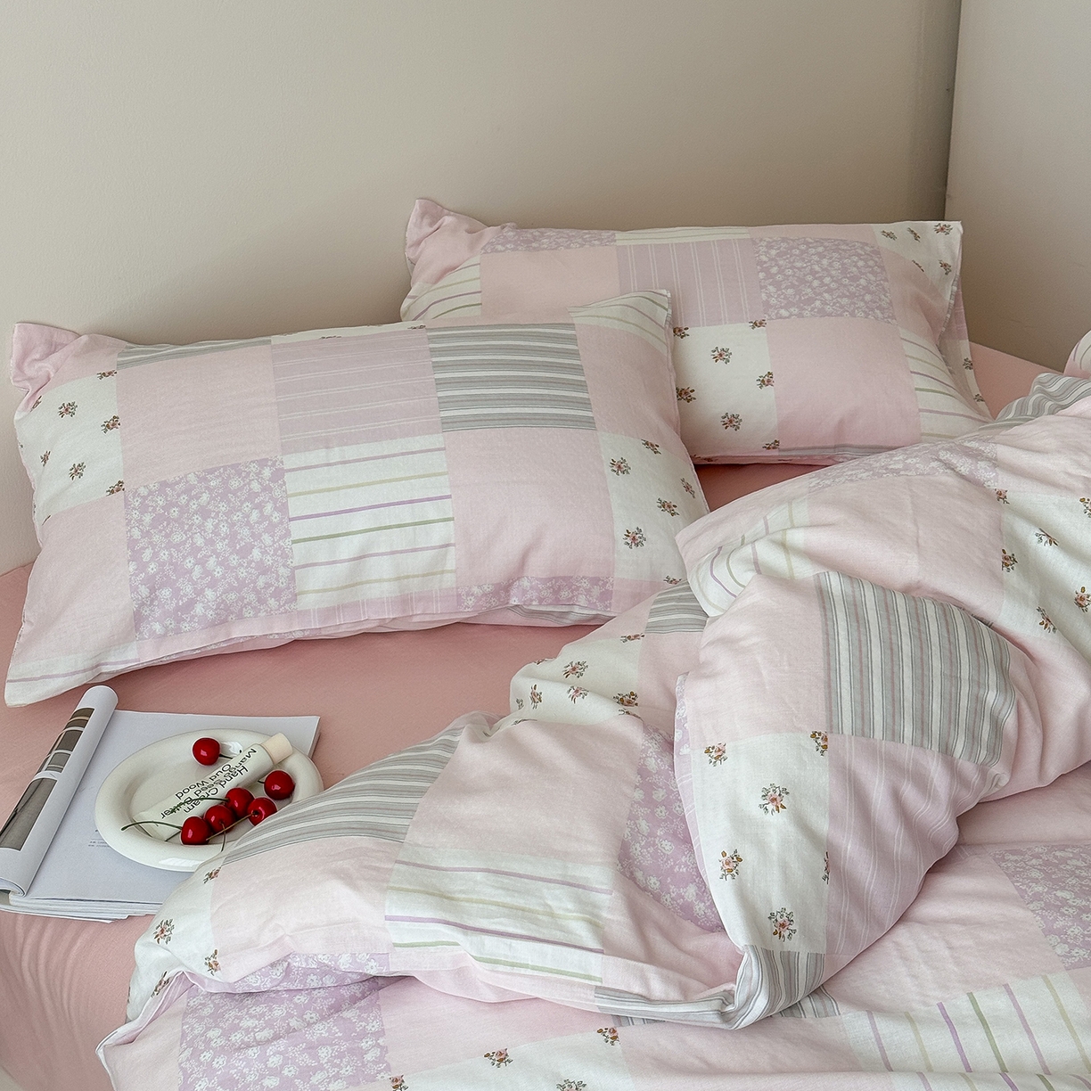 91家纺网 家纺一手货源 找家纺 窝米 2025新品全棉双层纱法式风花卉四件套系列（蔷薇绿 月丹） 少女心事