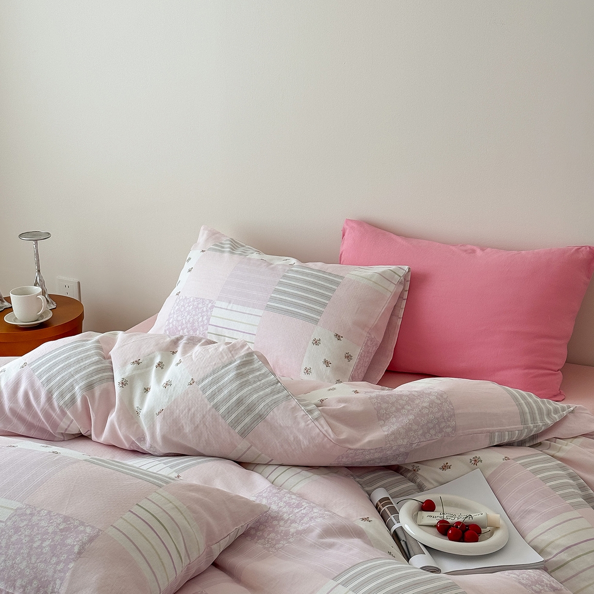 91家纺网 家纺一手货源 找家纺 窝米 2025新品全棉双层纱法式风花卉四件套系列（蔷薇绿 月丹） 少女心事