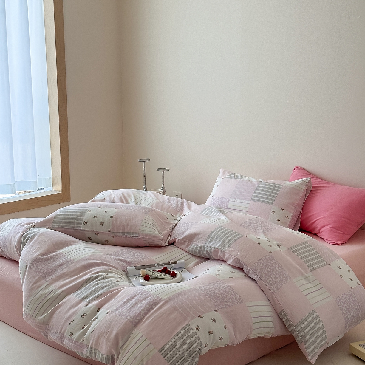 91家纺网 家纺一手货源 找家纺 窝米 2025新品全棉双层纱法式风花卉四件套系列（蔷薇绿 月丹） 少女心事