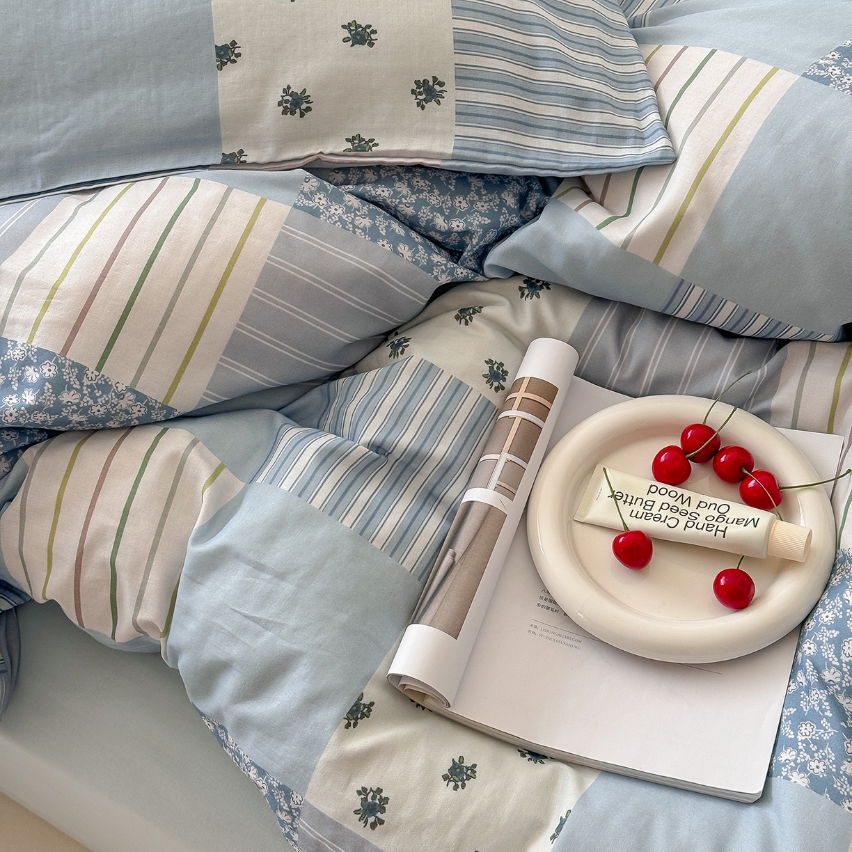 91家纺网 家纺一手货源 找家纺 窝米 2025新品全棉双层纱法式风花卉四件套系列（蔷薇绿 月丹） 少女心事 兰