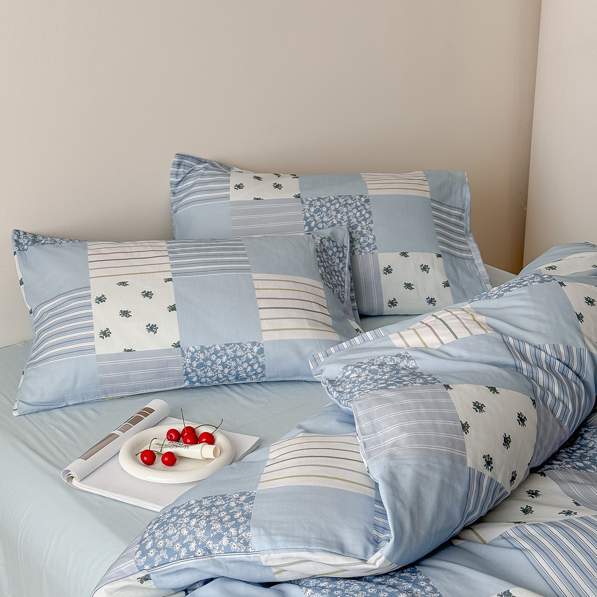 91家纺网 家纺一手货源 找家纺 窝米 2025新品全棉双层纱法式风花卉四件套系列（蔷薇绿 月丹） 少女心事 兰