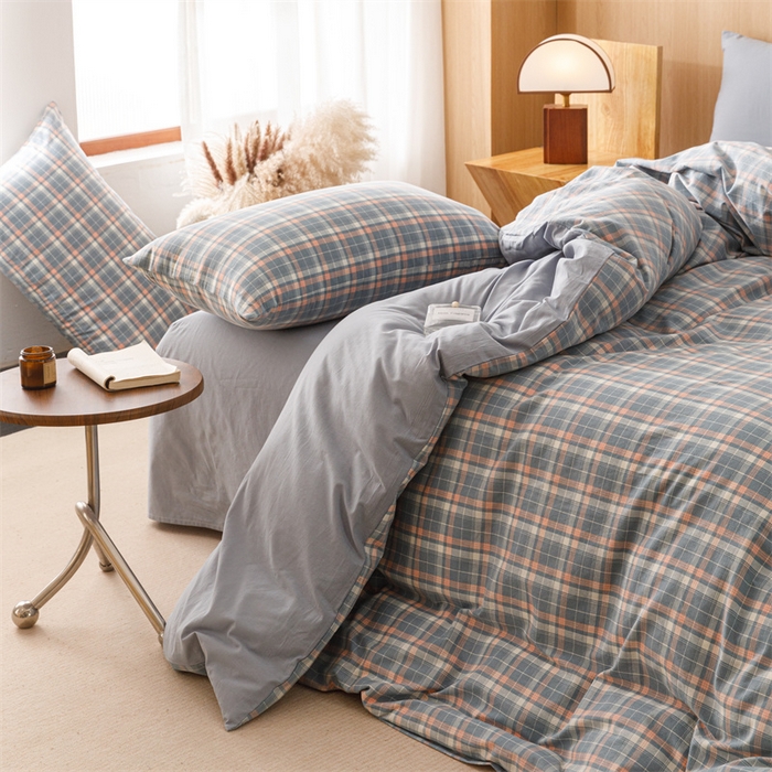 91家纺网 家纺一手货源 找家纺 恬思语2025新款全棉色织水洗棉四件套 初晴蓝