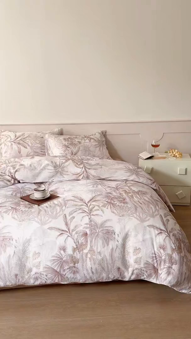 91家纺网 家纺一手货源 找家纺 窝米 2025新品全棉双层纱法式风花卉四件套系列（蔷薇绿 月丹） 树远咖