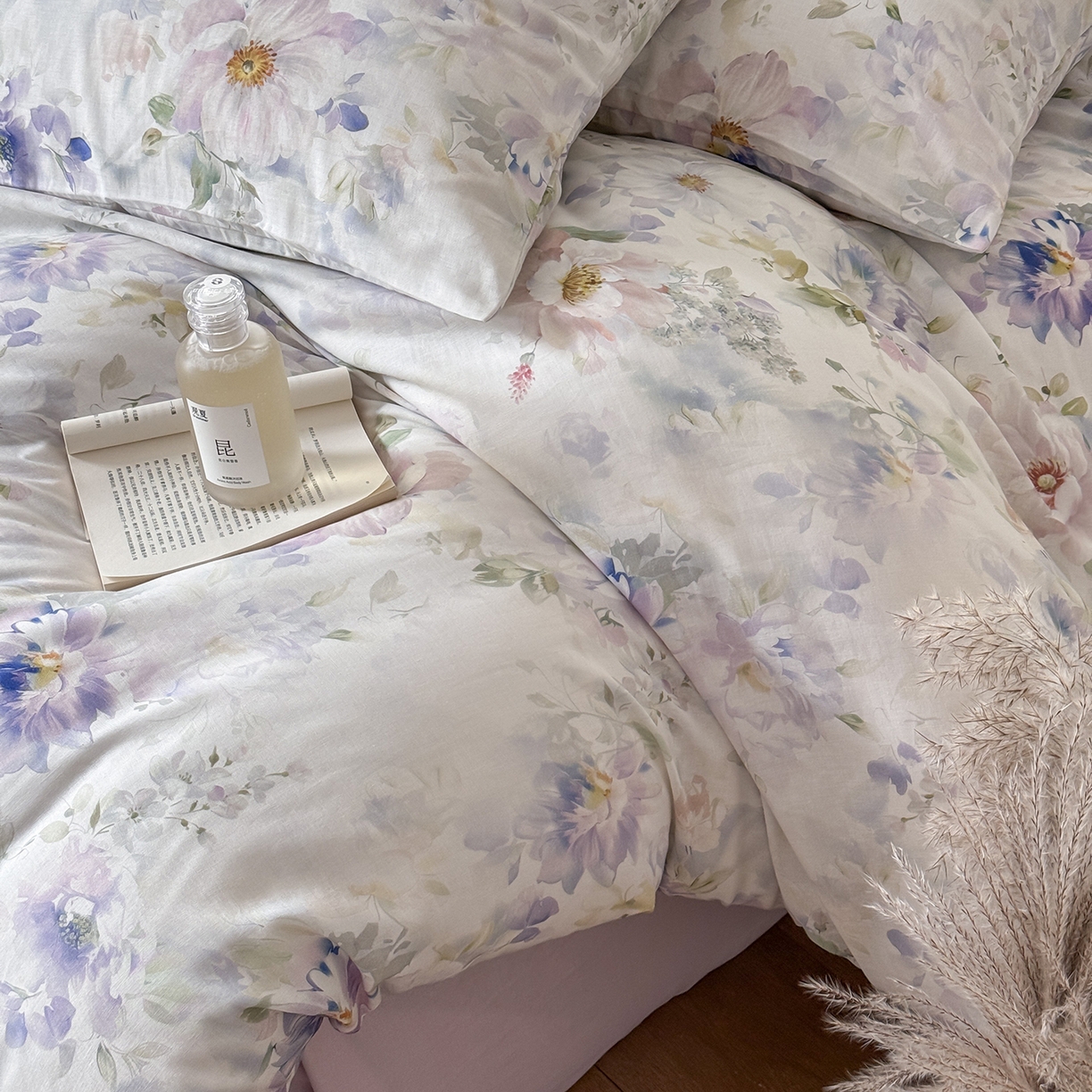 91家纺网 家纺一手货源 找家纺 窝米 2025新品全棉双层纱法式风花卉四件套系列（蔷薇绿 月丹） 月丹