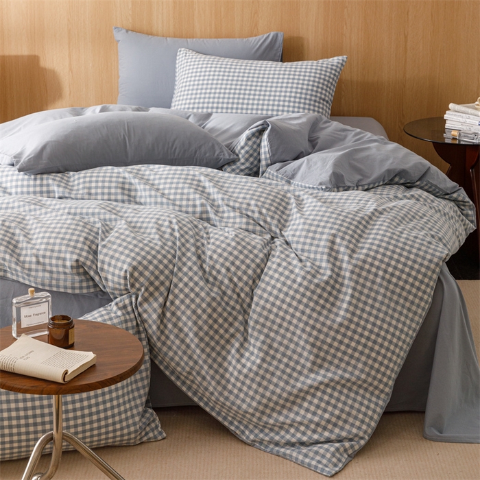 91家纺网 家纺一手货源 找家纺 恬思语2025新款全棉色织水洗棉四件套 蓝小格