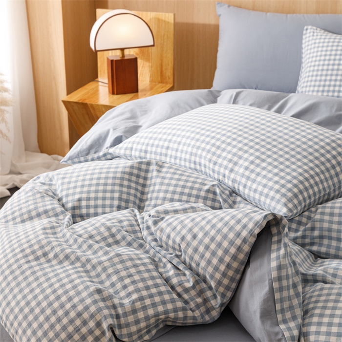 91家纺网 家纺一手货源 找家纺 恬思语2025新款全棉色织水洗棉四件套 蓝小格