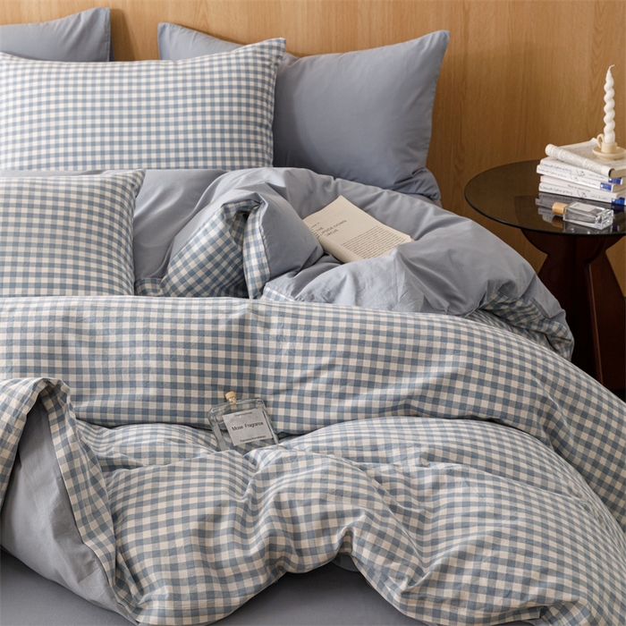 91家纺网 家纺一手货源 找家纺 恬思语2025新款全棉色织水洗棉四件套 蓝小格