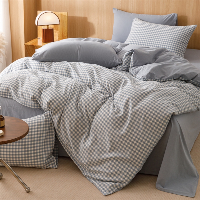 91家纺网 家纺一手货源 找家纺 恬思语2025新款全棉色织水洗棉四件套 蓝小格