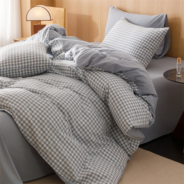 91家纺网 家纺一手货源 找家纺 恬思语2025新款全棉色织水洗棉四件套 蓝小格