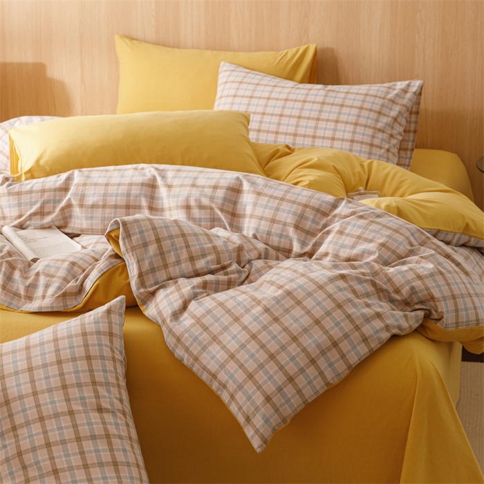 91家纺网 家纺一手货源 找家纺 恬思语2025新款全棉色织水洗棉四件套 云水黄格