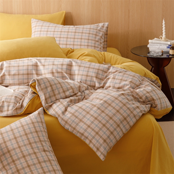 91家纺网 家纺一手货源 找家纺 恬思语2025新款全棉色织水洗棉四件套 云水黄格