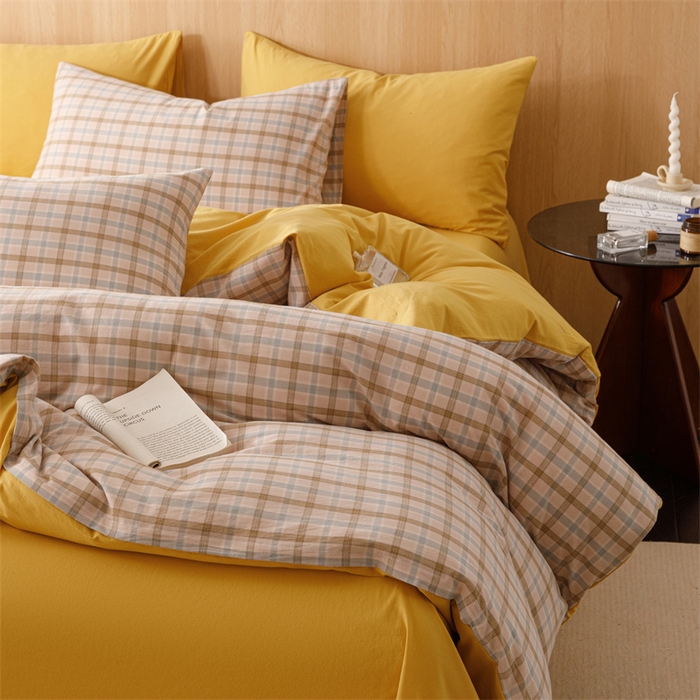 91家纺网 家纺一手货源 找家纺 恬思语2025新款全棉色织水洗棉四件套 云水黄格