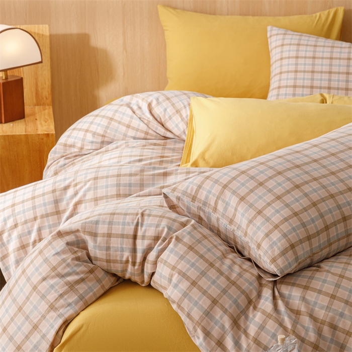 91家纺网 家纺一手货源 找家纺 恬思语2025新款全棉色织水洗棉四件套 云水黄格